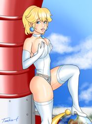 1girls blonde_hair blue_eyes breasts bustier choker cleavage earrings elbow_gloves female female_only hands_on_own_breasts heels human large_breasts mario_(series) nintendo panties ponytail princess_peach smile solo super_mario_odyssey thighhighs timeless-t