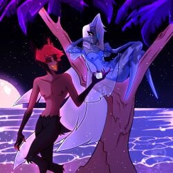 1boy 1girls alastor_(hazbin_hotel) angel breasts deer_boy demon demon_boy detailed_background duo enemies_to_lovers fallen_angel female grey-skinned_female grey_skin hair hazbin_hotel humanoid humanoid_female humanoid_male humanoid_only long_hair lustleviathan male male/female moth_girl navel nipples open_mouth open_smile partially_clothed penetration pussy red_hair sharp_teeth smile straight teeth thick_thighs vaggie_(hazbin_hotel) vaginal_only very_long_hair vivienne_medrano white_hair