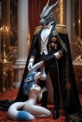 ai_generated blowjob bow_tie canine cape cum domination dragon epaulettes fellatio female female_fox fox male medal medals palace penis slavegirl tailcoat teabag teabagging waistcoat