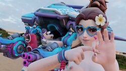 1girls 3d alternate_costume areolae beach breasts brown_eyes brown_hair clouds d.va eyewear facepaint female female_only flower front_view gesture hair_flower heart-shaped_sunglasses hgy highres human looking_at_viewer machine meka nail_polish nipples open_smile outdoors overwatch penetration_gesture pink_nails ponytail robot sex_gesture sexually_suggestive shorts shorts_removed small_breasts smile solo sunglasses topless waveracer_d.va whisker_markings