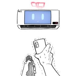 1boy air_conditioner asahina_yoshitoshi blue_archive cellphone halo holding holding_phone kei_(blue_archive) male male_masturbation masturbation no_visible_face penis phone precum rectangular_halo red_halo smartphone uncensored