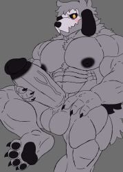 anthro balls biceps big_balls big_muscles big_penis biped bone bone_mask canid canine clothing digital_media_(artwork) erection fluffy fluffy_tail fulgoraga fur genitals ghost_(chumblings) grey_body grey_fur hair hi_res huge_cock looking_at_viewer male male_anthro mammal mask muscles muscular muscular_anthro muscular_male nipples nude pecs penis simple_background skeleton_dog skull solo tail yellow_eyes