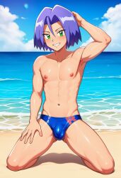 1boy beach bulge bulge_through_clothing green_eyes james_(pokemon) lavender_hair looking_at_viewer pokemon pokemon_(anime) pokemon_(classic_anime) pokemon_anime sexy sexy_pose smiling smiling_at_viewer solo_male speedo team_rocket twink