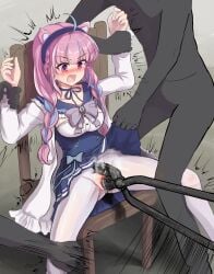 1girls animal_ear_hairband animal_ears aqua_hair blue_skirt blush bowtie braid braided_hair breasts chair colored_inner_hair curly_hair female grabbing_pussy headband headband_ears held_up hololive light-skinned_female long_hair minato_aqua minato_aqua_(3rd_costume) multiple_males object_insertion object_on_pussy peeing pink_hair pliers purple_eyes pussy pussy_visible_through_clothes ray_(pixiv30112908) scared vaginal_insertion white_jacket white_stockings