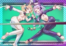 2girls 8-ball 8-ball_(billiard_ball) :d arcaea barefoot billiard_ball billiard_table bunny_ears bunny_girl bunny_tail closed_mouth convenient_censoring cue_stick eto_(arcaea) feet from_above luna_(arcaea) multiple_girls open_mouth petite pool_table reaching_out reverse_bunnysuit ribs sisters skin_fang small_breasts smile soles stirrup_legwear table toes twins variant_set