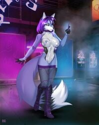 2025 anthro barbell_piercing big_breasts black_body black_fur blue_body blue_fur boots breasts canid canine cellphone clothing cybernetics cyberpunk cyborg electronics exposure_variation female fishnet_clothing fishnet_legwear fishnet_thigh_highs fluffy fluffy_tail footwear fox fur genitals hair hi_res high_heeled_boots high_heels krystira latex latex_clothing latex_leotard legwear leotard machine mammal multicolored_body multicolored_fur nipple_piercing nipples phone piercing purple_boots purple_clothing purple_footwear purple_hair purple_legwear purple_nipples purple_thigh_highs romanginzburg shoes smartphone solo tail thigh_highs translucent translucent_latex translucent_leotard vulva white_body white_fur