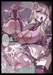 adjusting_hair blonde_hair blush brainwash brainwashed brainwashing breasts cleavage defeat defeat_sex defeated defeated_hero defeated_heroine detached_sleeves dress earrings english_text feather_earrings feathers female flower genshin_impact hair_between_eyes hair_flower hair_ornament jewelry lumine_(genshin_impact) medium_breasts mind_break mind_control mindbreak miwerjooggetser navel nipple_piercing raped scarf shirt short_hair_with_long_locks sleeveless sleeveless_dress thighs white_dress white_romper white_scarf yellow_eyes