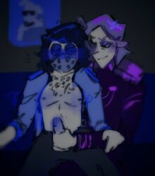 2boys antikek blue_clothing blue_hair blush blushing breasts breasts_out dark_background deleonmuff_vii_(divanny_analitik) divanny_analitik jerking looking_at_another looking_at_penis looking_down male male/male male_masturbation male_only masturbating_other masturbating_while_watching masturbation muscular partially_clothed pleasure_face purple_clothing purple_hair reupload russian sir_alone_(divanny_analitik) telegram uniform white_body