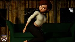 3d artist_name ass barefoot big_ass breasts brown_eyes brown_hair clothed couch darkcet disney feet female female_only helen_parr highres human indoors medium_breasts milf moon navel night open_mouth pants pixar shirt short_hair signature sitting smooth_skin solo source_filmmaker the_incredibles watermark