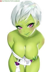 1girls alien alien_girl areolae battle_armor big_breasts blush breasts cheelai dragon_ball dragon_ball_super elastic_armor female female_only gloves green_skin hanging_breasts humanoid large_breasts leaning_forward looking_at_viewer nipples one_breast_out pink_eyes short_hair smile solo text thick_thighs thigh_gap tofuubear url watermark white_hair wide_hips