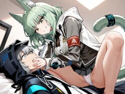 ai_generated arknights bed bedroom breasts cat_tail doctor_(arknights) green_hair harmonie_(arknights) infection_monitor_(arknights) panties pantyshot skirt straddling thighs white_hair white_panties