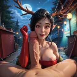 ai_generated antlers big_penis black_hair elf_ears eye_contact gloves pixie_cut red red_eyes red_gloves seductive_expression short_hair smirk smug_expression teasing usebackdooronly zombiegamerist