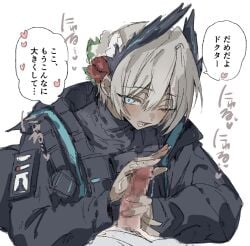 1boy ;d ammunition_pouch arknights bird_girl black_feathers black_jacket black_shirt black_undershirt blush bulletproof_vest censored commentary_request dark-skinned_female dark_skin doctor_(arknights) double-parted_bangs erection feather_hair feathers female fingernails flower glansjob grey_hair hair_between_eyes hair_flower hair_ornament handjob heart highres jacket long_sleeves looking_at_viewer male_doctor_(arknights) mosaic_censoring na_tarapisu153 nail_polish one_eye_closed open_mouth paid_reward_available penis pink_nails pixie_cut pouch pov pov_crotch precum precum_string raidian_(arknights) red_flower rhodes_island_logo_(arknights) shirt short_hair simple_background smile sound_effects speech_bubble spoken_heart straight tactical_clothes translation_request turtleneck turtleneck_shirt two-handed_handjob very_short_hair white_background