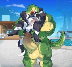abs anthro ass balls barazoku bedroom_eyes biceps big_balls big_penis black_body blue_eyes butt_grab carrying_another carrying_partner carrying_position crocodile crocodilian dragon duo erection genitals green_body hair hand_on_butt hi_res horn huge_cock imminent_anal imminent_sex league_of_legends lifeguard looking_down looking_pleasured mafekoba male male/male markings muscular muscular_anthro muscular_male mythological_creature mythological_scalie mythology narrowed_eyes penis pool_party_renekton red_hair renekton reptile riot_games scalie seductive shy size_difference smile smirk spread_butt spreading swimming_pool tail tattoo teeth telius tencent thick_penis triceps vein veiny_penis yellow_eyes