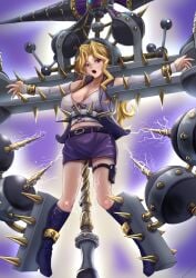 blonde_hair breasts byser_shock covered_nipples crucifixion duel_monster electricity female jacket kujaku_mai large_breasts long_hair looking_at_viewer midriff miyakura_haruto navel open_mouth purple_eyes purple_jacket purple_skirt restrained shirt skirt stationary_restraints torture viser_des white_shirt yu-gi-oh!