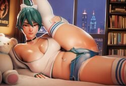 3d ai_generated bookshelf bow breasts cameltoe cleavage clothed clothed_female college_dorm denim_shorts female green_hair green_pubic_hair holding_leg holding_leg_up kiriko_(overwatch) large_breasts laying_on_bed laying_on_side lounging midriff minishorts navel_piercing night nipple_bulge open_fly overwatch painted_nails pinup pinup_pose pubic_hair pussy pussy_bulge skyline solo solo_female teddy_bear thick_thighs thigh_highs thigh_socks white_fingernails white_nail_polish white_nails white_top white_topwear