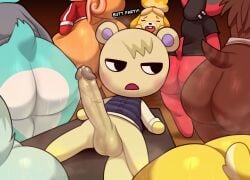 animal_crossing anthro ass balls bodily_fluids canid canine canis cherry_(animal_crossing) chipchell domestic_dog erection female genital_fluids genitals group hazel_(animal_crossing) hi_res isabelle_(animal_crossing) looking_around male male/female mammal marshal_(animal_crossing) musk musk_cloud nintendo penis precum rodent sable_able sciurid shih_tzu sprinkle_(animal_crossing) sweat sweaty_butt tail toy_dog tree_squirrel whitney_(animal_crossing)