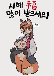 2019 anthro biped black_nose blush breasts canid canine canis chinese_text clothed clothing clothing_lift domestic_dog eyebrows eyelashes female fur green_eyes hair hanbok holding_object korean_text looking_at_viewer mammal nipples presenting presenting_pussy pussy reccand simple_background skirt skirt_lift smile solo speech_bubble standing text translated