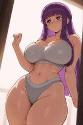 1girls ai_generated bedroom before_sex cute female_focus fern_(sousou_no_frieren) highres huge_ass huge_breasts long_hair purple_eyes purple_hair seductive seductive_look solo_female sousou_no_frieren straight stuffyai underwear white_underwear