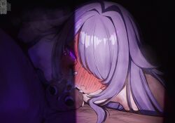 1boy bar_censor blush censored commentary cum cum_in_mouth cum_in_nose cum_overflow duplicate english_commentary fellatio female full-face_blush gem hair_flaps hair_over_one_eye highres hololive hololive_english jewel_under_eye koseki_bijou mr_thecatman nude oral paid_reward_available penis purple_eyes purple_gem purple_hair sidelocks solo_focus straight stray_pubic_hair sweat swept_bangs testicles virtual_youtuber