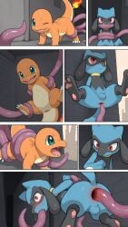 ai_generated anal anal_sex blue_body charmander gaping_anus orange_body pokemon reptile riolu tentacle tentacle_rape