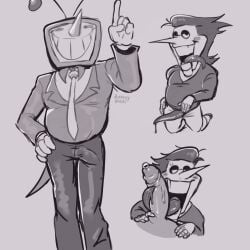 blowjob blush boner bunnyyblush clothed deltarune deltarune_chapter_2 deltarune_chapter_3 fanart foreskin gay size_difference smirk spamtenna spamton_g_spamton tenna_(deltarune) toby_fox tongue_around_penis tongue_out tongue_out_blowjob