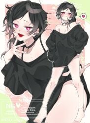 1girls 2d ashley_graves bite_mark bite_marks black_hair blush bra_strap breasts choker cleavage female female_only kyu_oxouq looking_at_viewer oversized_clothes oversized_shirt pink_eyes ponytail solo solo_female tease teasing the_coffin_of_andy_and_leyley