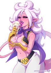 1girls 2010s android_21 big_breasts black_sclera breasts cape cleavage dark_persona dragon_ball dragon_ball_fighterz dragon_ball_z eyeshadow fangs female hoop_earrings hourglass_figure humanoid ice_cream ice_cream_cone kajinman large_breasts lipstick long_hair majin majin_android_21 majin_buu_(cosplay) makeup monster_girl no_bra open_mouth pink_skin pointy_ears red_eyes solo tail tongue tongue_out vest white_hair