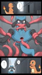 ai_generated anal anal_sex blue_body charmander gaping_anus orange_body pokemon reptile riolu tentacle tentacle_rape