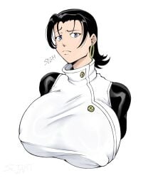 2d 2d_(artwork) big_breasts blue_eyes breasts_bigger_than_head confused_expression dark_hair erect_nipples gigantic_breasts huge_breasts jujutsu_kaisen jujutsu_kaisen_modulo large_breasts looking_at_viewer massive_breasts nipple_bulge nipples nipples_visible_through_clothing srjrgart white_background yuka_okkotsu