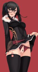 absurdres au_ra bangs belt black-framed_eyewear black_dress black_hair black_legwear blush bow bow_panties breasts clothed_masturbation clothing collarbone controller crotchless_panties dress dress_lift eyebrows_visible_through_hair female final_fantasy final_fantasy_xiv fur-trimmed_dress fur_trim glasses hair_ornament hand_up happy highres legs_together long_sleeves masturbation medium_breasts oerba_yun_fang open_mouth original panties ponytail pouch pubic_hair pussy red_background red_eyes red_panties remote_control remote_control_vibrator shiny shiny_hair short_dress sidelocks simple_background smile solo sonzai_soumei standing stockings thighhighs tied_hair uncensored underwear vibrator vibrator_cord vibrator_in_thighhighs