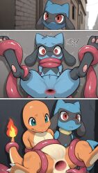 ai_generated anal anal_sex blue_body charmander gaping_anus orange_body pokemon reptile riolu tentacle tentacle_rape