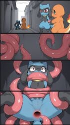 ai_generated anal anal_sex blue_body charmander gaping_anus orange_body pokemon reptile riolu tentacle tentacle_rape