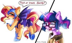 2 ahe_gao anus ass blood blush bunset_shimmer clothes comic costume dialogue duo ears_back female friendship_is_magic g4 ghostbusters glasses halloween halloween_costume holiday horn looking_at_you looking_back looking_back_at_you mlp_g4 my_little_pony nightmare_moon_costume nosebleed nudity open_mouth panel_comic plot pony sci-twi shipping simple_background smiling speech_bubble sunset_shimmer sweat_tongue_out trick_or_treat twilight_sparkle_(mlp) unicorn unicorn_sci-twi vagina vaginal_secretions vulva white_background yuri yuris_artist