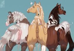anatomically_correct anatomically_correct_anus anatomically_correct_genitalia anatomically_correct_vulva animal_genitalia animal_vulva anus bedroom_eyes brown_body butt digital_media_(artwork) equid equine equine_anus equine_genitalia equine_vulva female feral fur genitals group horse jaribka looking_at_viewer looking_back mammal narrowed_eyes presenting presenting_hindquarters puffy_anus quadruped raised_tail rear_view seductive simple_background smile standing tail take_your_pick tan_body teats teeth tongue tongue_out trio vulva white_body