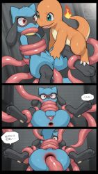 ai_generated anal anal_sex blue_body charmander gaping_anus orange_body pokemon reptile riolu tentacle tentacle_rape