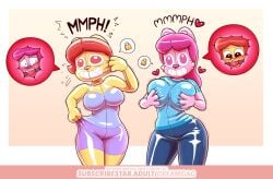 2023 anthro ball_gag blush breasts brown_hair clary_(creamgag) clothing creamgag digital_media_(artwork) domestic_cat duo felid feline felis female gag grace_(creamgag) hair hand_on_breast latex latex_clothing latex_skinsuit mammal pink_body pink_hair rodent sciurid simple_background skinsuit smile squirrel tight_clothing tree_squirrel yellow_body