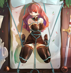 ball_gag bondage celica_(fire_emblem) enslaved_royal female female_only femsub fire_emblem fire_emblem_echoes:_shadows_of_valentia fully_clothed gag imminent_rape looking_at_viewer lumpychan nintendo princess red_hair restrained royalty slave solo thighhighs tied_up vibrator