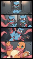 ai_generated anal anal_sex blue_body charmander gaping_anus orange_body pokemon reptile riolu tentacle tentacle_rape