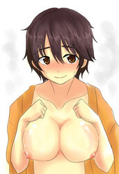 brown_eyes brown_hair closed_mouth eyebrows_visible_through_hair female hands_on_breasts idolmaster_cinderella_girls large_breasts mandarin_orange_(artist) oikawa_shizuku open_shirt short_hair smile solo the_idolm@ster_cinderella_girls white_background