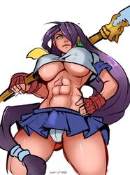 abs big_breasts earrings gloves green_eyes hand_on_hip ikkitousen kanu_unchou lips looking_at_viewer looking_down markydaysaid muscular_female no_bra panties perky_breasts ponytail purple_hair school_uniform schoolgirl shiny_skin short_skirt skirt thick_thighs underboob very_long_hair weapon