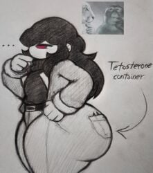... 1boy black_hair clothing coat evil_container fat_ass femboy greyscale long_hair meme meme_in_the_background meme_reference motivee pencil_(artwork) rand0m_293 red_eyes text turtleneck