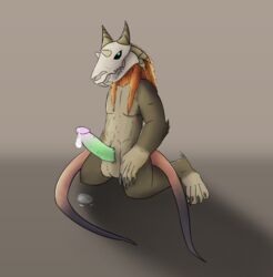 2019 2_tails anthro balls bedethingy digitigrade fur green_eyes green_penis grey_fur hair horn humanoid_penis kneeling long_hair long_tail looking_at_viewer male mammal multi_tail nude penis presenting presenting_penis rat rodent solo