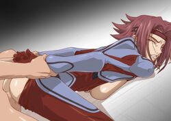 ass bodysuit breast_press breasts censored clothed clothed_female_nude_male code_geass female highres human human_only kallen_stadtfeld kyabakurabakufu large_breasts male nude red_hair sex short_hair tagme