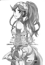 ass braid breasts doujinshi erect_nipples female fire_emblem fire_emblem_awakening hairband large_ass large_breasts long_hair monochrome nintendo olivia_(fire_emblem) parted_lips ponytail revealing_clothes shougayaki_(kabayaki_3) smile solo standing tagme twin_braids