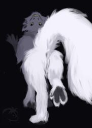 2017 anus black_background caedere female flexible fluffy fur joy_of_dreaming looking_at_viewer looking_back mammal multi_ear nude pawpads paws pussy simple_background smile solo taur teeth unknown_species white_fur yellow_eyes