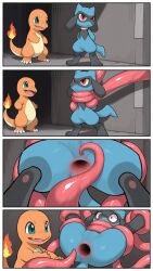 ai_generated anal anal_sex blue_body charmander gaping_anus orange_body pokemon reptile riolu tentacle tentacle_rape
