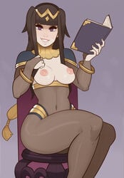 areolae black_hair blunt_bangs bodystocking book breasts bridal_gauntlets clothing exposed_breasts female female_only fire_emblem fire_emblem_awakening hair long_hair nintendo nipples purple_eyes solo splashbrush tharja_(fire_emblem) video_games