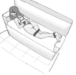 angry angry_expression angry_face arms_behind_back ass_up bondage female female_focus fennytanyl flockmod gagged grayscale hayase_nagatoro legs_tied on_front partially_clothed please_don't_bully_me,_nagatoro rope rope_bondage rope_bunny sofa tanlines tied_up top_view underwear