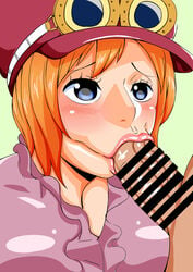 1boy 1girls :>= alternate_version_available big_breasts blue_eyes blush censored duo erection eyelashes faceless_male fellatio female female_focus front_view goggles hat human koala_(one_piece) male one_piece oral oral_sex orange_hair pointless_censoring pose posing shiny shiny_skin short_hair simple_background solo_focus teamtgs vein veins veiny veiny_penis